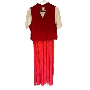 Christopher & Banks Red Floral Maxi Dress Vest Set Size 14 2 Y2K Vtg Blossom‎